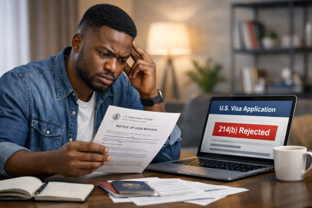 A man holding a paper showing 214(b) Visa Rejection and worriedly wondering "How Do I Overcome a 214(b) Visa Rejection"